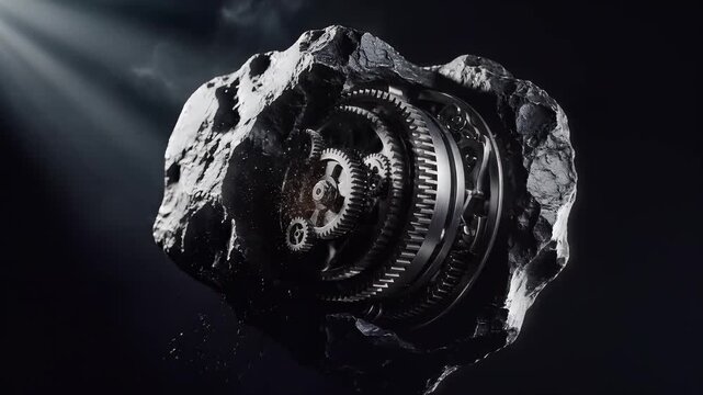 Metallic gear system embedded in a rugged asteroid floating in space.