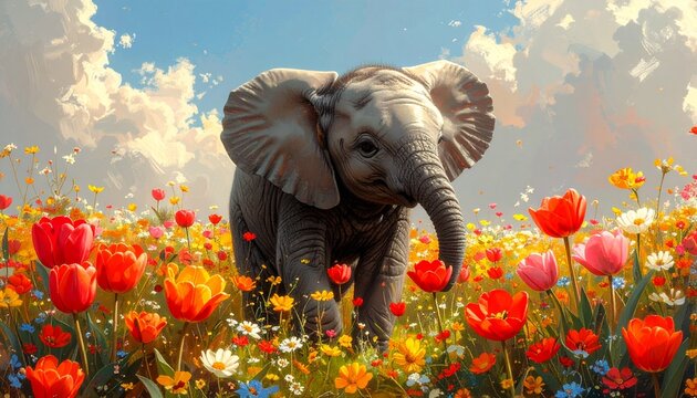 Elefantenbaby zwischen Wildblumen