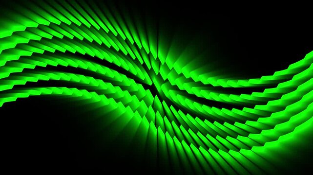 Green glowing 3d rectangular segments forming a futuristic wave pattern on dark background