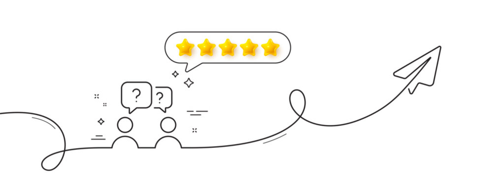 Teamwork questions line icon. Continuous line with share plane. Ask help sign. Support problem symbol. Five star rate review in speech bubble. Teamwork questions single line ribbon. Vector