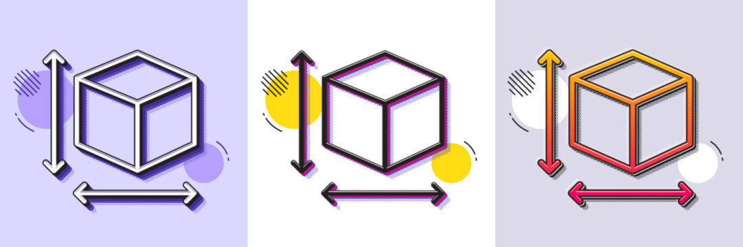 Box size line icon. Halftone dotted pattern. Gradient icon with grain shadow. Package dimension sign. Parcel measurement symbol. Line box size icon. Various designs. Vector