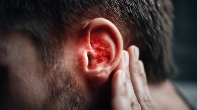 Close-up of a man experiencing severe ear pain, touching his inflamed ear highlighted red, symbolizing earache, infection, or medical problem.