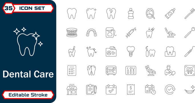 Dental care and oral hygiene editable stroke eps vector outline icons for dashboard and ui ux design