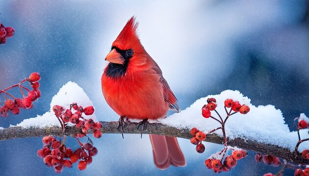 Beautiful Red Northern Cardinal Bird Sitting On A Branch With Red Berries And Snow In The Snowy Winter Forest Red Cardinal Redbird Ai Generated Image