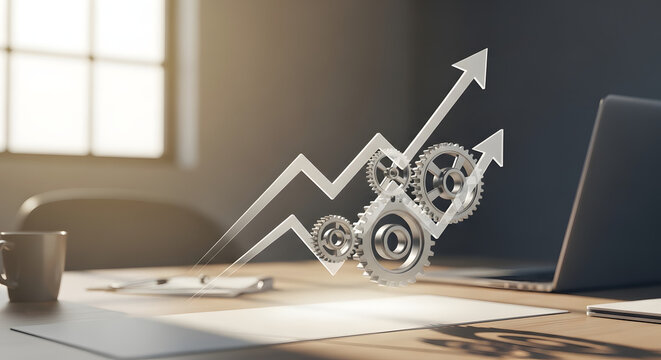 An upward-trending financial graph with integrated mechanical gears symbolizes business progress, growth, and strategic planning.