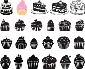 Vector set of black silhouettes featuring assorted slices of cake whole cakes and cupcakes with decorative frosting swirls.Collection of sweet desserts with whole cakes and individual slices. 