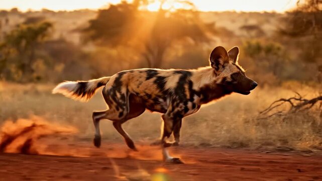 African wild dog running fast across a dirt road at sunset with dust kicked up behind in the savanna
