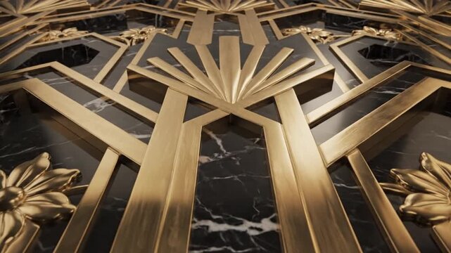 Ornate Golden Patterns on Marble Background, Featuring Geometric Shapes and Floral Motifs, Viewed from Directly Above
