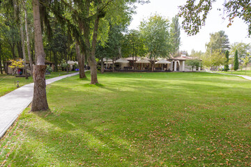 Obraz premium Spacious green lawn near calm lake with trees and pathway, peaceful outdoor recreation and corporate retreat location.