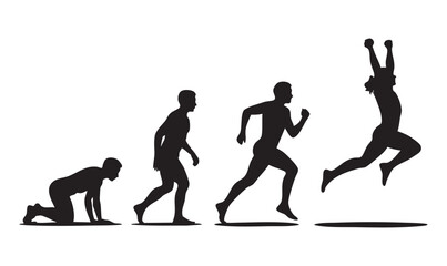 Evolution of man from crawling to running and jumping, showing progress and achievement