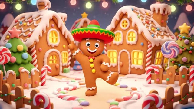 A whimsical gingerbread man wearing a colorful sombrero stands in a festive village of gingerbread houses, surrounded by candy and holiday decorations.