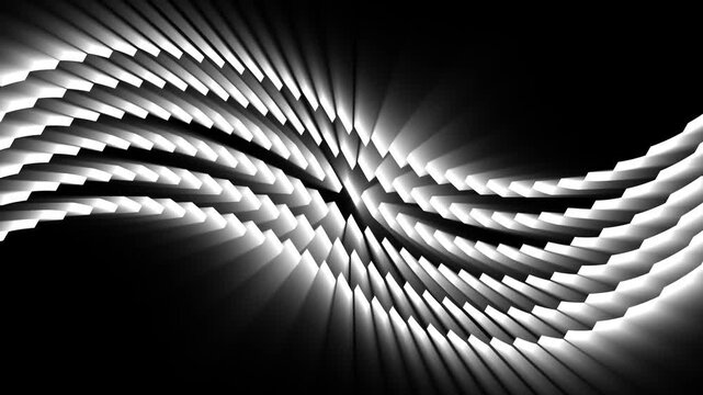 White glowing 3d rectangular segments forming a futuristic wave pattern on dark background
