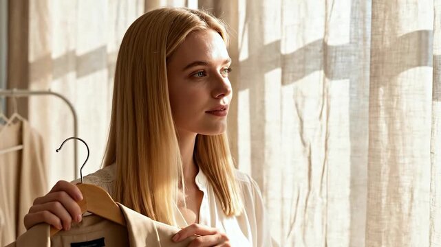 Blonde woman in a white blouse holding a beige blazer on a wooden hanger near a window with soft natural light