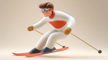 Stylized 3d person skiing down slope, represents winter sports, recreation, and healthy lifestyle