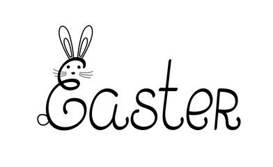Obraz premium Happy Easter spring holiday handwritten lettering decorated like rabbit, simple linear traditional phrase, cute design element for greeting card, invitation, poster, banner, any decor purposes