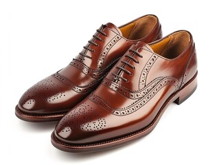 Polished brown leather oxford shoes with brogue detailing and formal classic style.