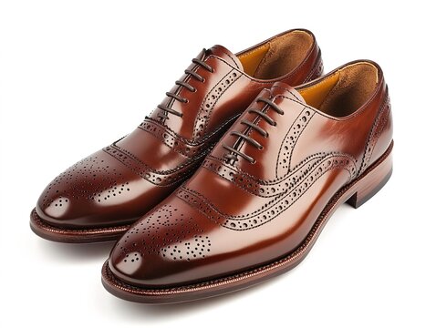 Polished brown leather oxford shoes with brogue detailing and formal classic style.