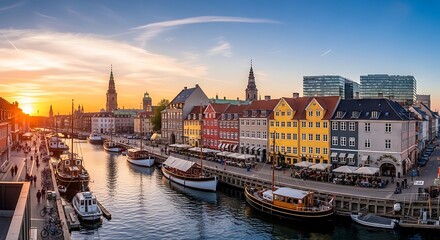 Obraz premium Colorful waterfront buildings and boats under a vibrant sunset sky