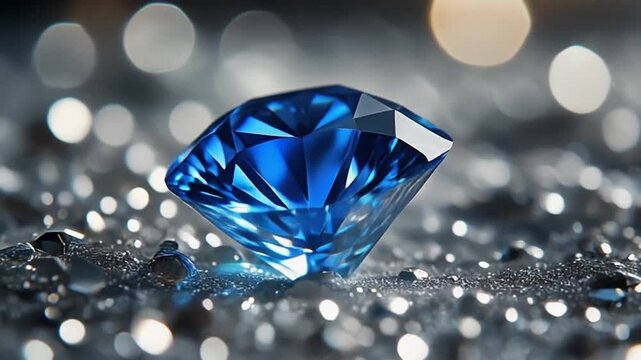 A large, vibrant blue diamond gemstone on a bed of sparkling silver glitter with blurred background lights