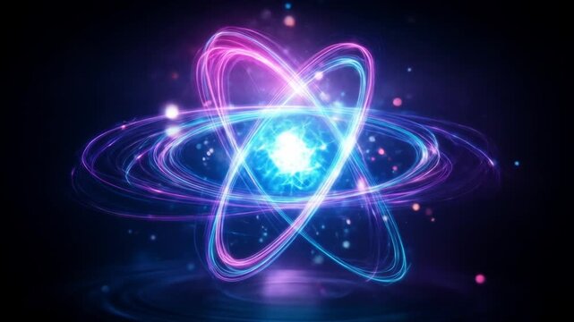 Dynamic glowing abstract atomic structure with orbiting electrons in vibrant pink and blue. Science, technology, energy concept.