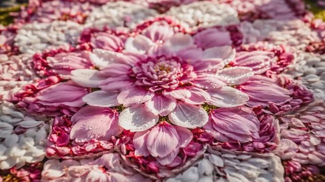 A close-up view of a large pink and white flower made from numerous small flower petals arranged intricately in a floral pattern