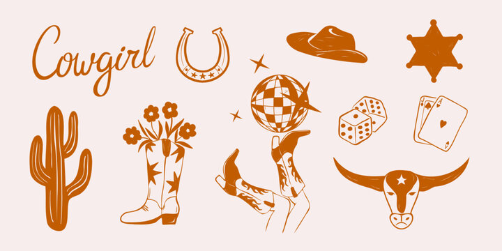 Hand drawn cowgirl western doodle set including cowboy boots, cactus, horseshoe, dice, playing cards and rodeo elements. Vector illustration. 