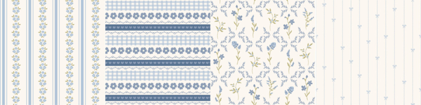 Set of cottagecore farmhouse style seamless patterns, digital papers, printable backgrounds with stripes, flowers, bows for kitchen and bedroom textiles, scrapbooking, stationery. 