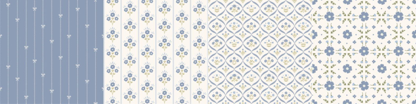 Set of cottagecore farmhouse style seamless patterns, digital papers, printable backgrounds with stripes, flowers, bows for kitchen and bedroom textiles, scrapbooking, stationery. 