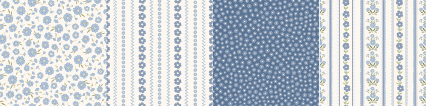 Set of cottagecore farmhouse style seamless patterns, digital papers, printable backgrounds with stripes, flowers, bows for kitchen and bedroom textiles, scrapbooking, stationery. 