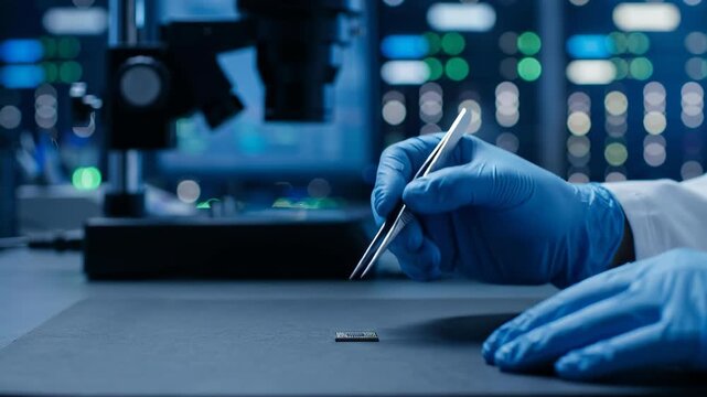 Scientist in blue gloves using tweezers to handle a microchip in a high-tech laboratory with a microscope and server racks in the background