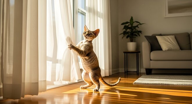 Devon Rex cat playfully peeking through sheer curtains in sunlit living room