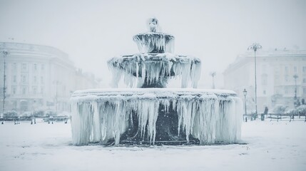 Icicle-covered fountain in a snow-filled city square, winter's embrace.