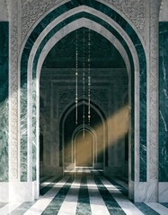 Ornate Arched Hallway with Marble and Light Rays architecture