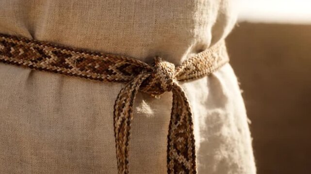 Close-up of a man's hands tying a woven belt around a simple linen garment. The scene reflects biblical times and cultural practices of ancient communities.