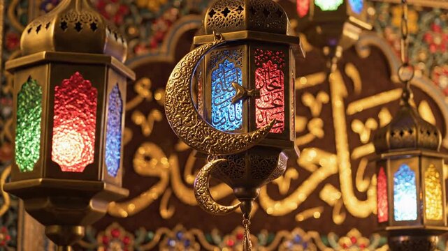 Colorful lanterns hang in front of intricately designed Arabic calligraphy and patterns in a festive setting, likely during a cultural celebration or holiday