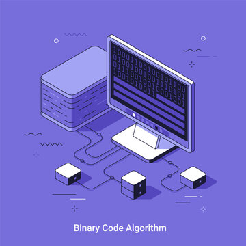 Cartoon isometrci vector illustration with Computer screen displaying binary code with server units. Data processing and digital information flow concept for software development.