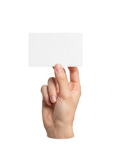 Obraz premium Hand holding a blank white card isolated on transparent background