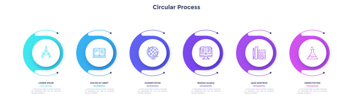 Infographic elements of circular choice template with 6 options, steps or processes. Program steps placed in horizontal row. Modern flat vector illustration for visual presentation
