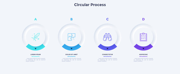 Four circular elements placed in horizontal row. Concept of 4 steps to startup project launch. Neumorphic infographic design template. Modern flat vector illustration for business presentation.