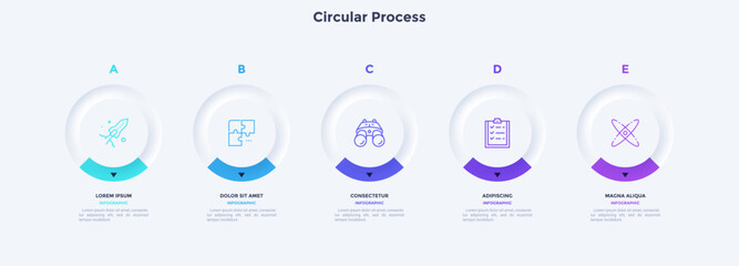 Five circular elements placed in horizontal row. Concept of 5 steps to startup project launch. Neumorphic infographic design template. Modern flat vector illustration for business presentation.