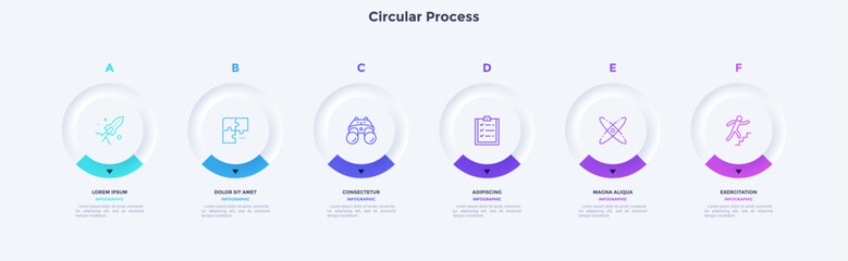 Six circular elements placed in horizontal row. Concept of 6 steps to startup project launch. Neumorphic infographic design template. Modern flat vector illustration for business presentation.