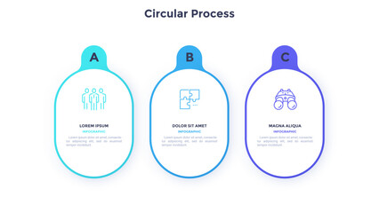 Three numbered circular frames placed in horizontal row. Concept of 3 stages of marketing strategy. Modern flat infographic design template. Simple vector illustration for business presentation.
