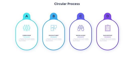 Four numbered circular frames placed in horizontal row. Concept of 4 stages of marketing strategy. Modern flat infographic design template. Simple vector illustration for business presentation.