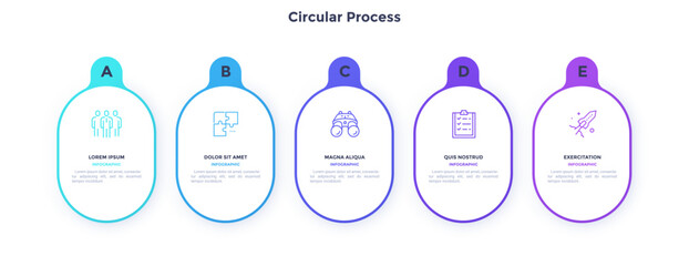 Five numbered circular frames placed in horizontal row. Concept of 5 stages of marketing strategy. Modern flat infographic design template. Simple vector illustration for business presentation.