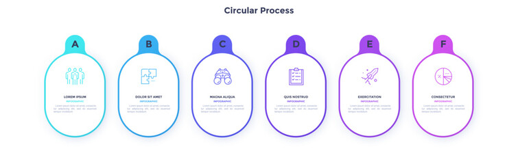 Six numbered circular frames placed in horizontal row. Concept of 6 stages of marketing strategy. Modern flat infographic design template. Simple vector illustration for business presentation.