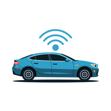 Blue sedan car displays radiating wireless signal indicating connectivity and smart technology integration.