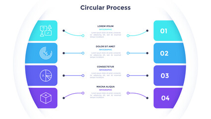 Rectangular comparison diagram divided into 4 parts. Concept of business model with four options to choose or select. Modern flat infographic vector illustration for data visualization, presentation.