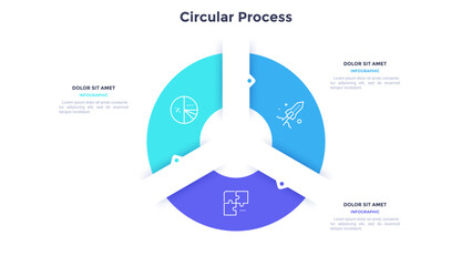 Round pie chart divided into 3 colorful parts with arrows or pointers. Three features of startup project. Minimal infographic design template. Modern vector illustration for website menu interface.