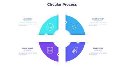 Round pie chart divided into 4 colorful parts with arrows or pointers. Four features of startup project. Minimal infographic design template. Modern vector illustration for website menu interface.