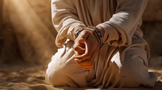 Bound hands moving from open to clenched while kneeling on desert sand in leather shackles with dust motes and warm sunrays for captivity concept